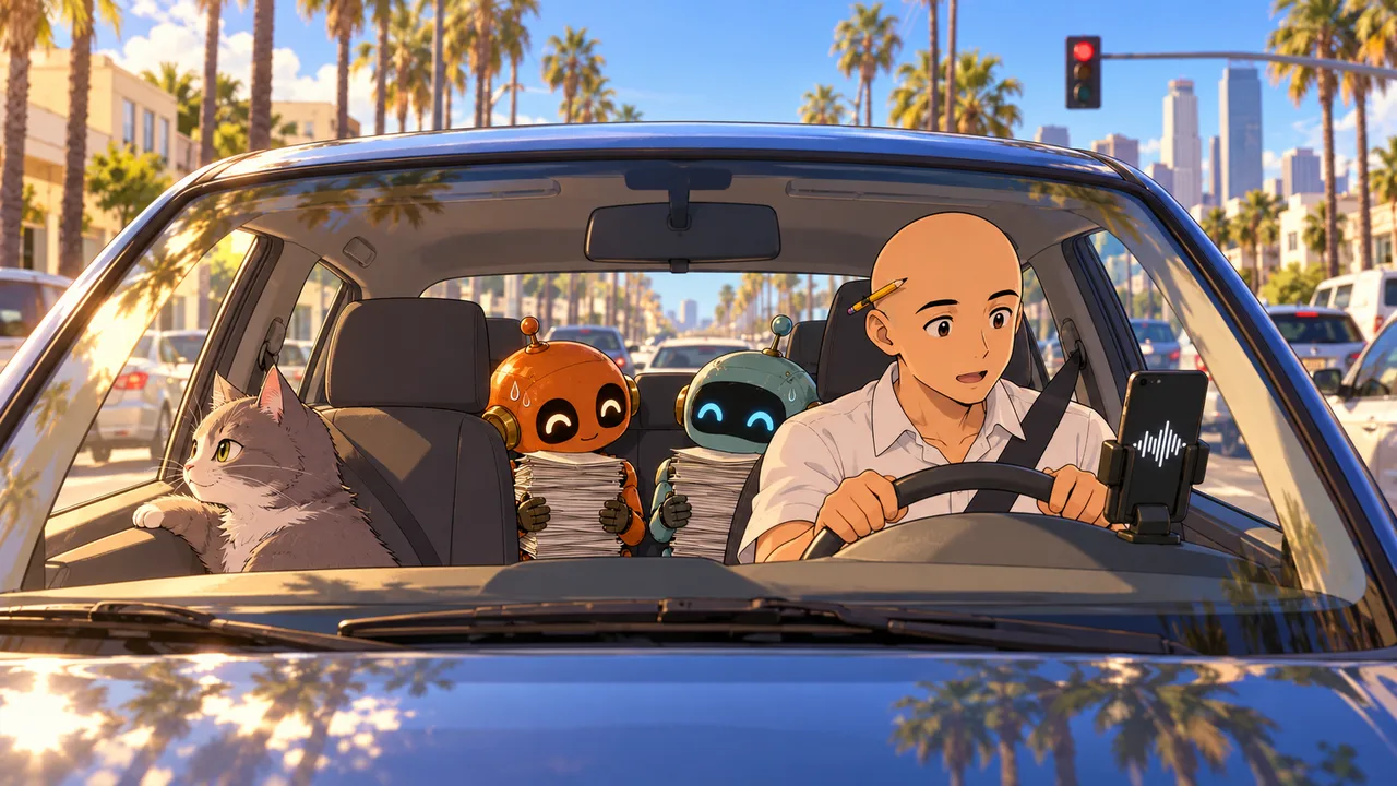 Anime illustration on a sunny Los Angeles boulevard. A bald man in a white short-sleeve shirt sits at the wheel of a small car at a red light, speaking toward a phone on the dashboard that shows a sound waveform. A small orange robot and a small teal robot sit sheepishly in the back seat holding a tall stack of papers, and a gray cat looks out of the passenger window.