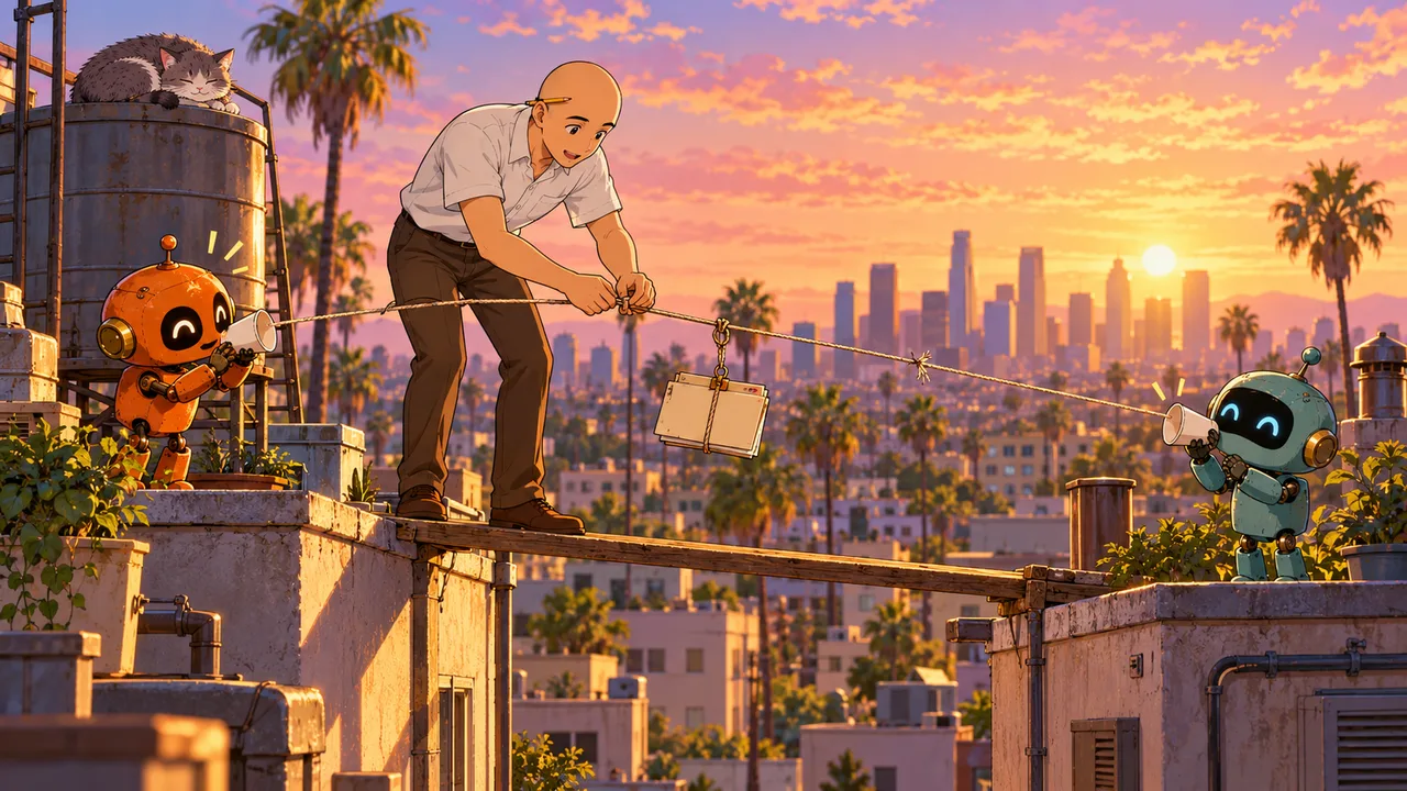 Anime illustration at dawn over Los Angeles rooftops. A bald man in a white short-sleeve shirt stands on a plank laid between two roofs, guiding a paper folder along a line strung from a small orange robot on one roof to a small teal robot on the other, while a gray cat watches from a water tank.